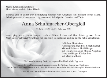 Traueranzeige von Anna Schuhmacher-Obergfell von ZO solo