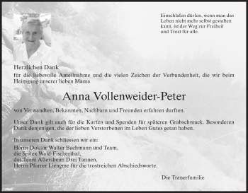 Traueranzeige von Anna Vollenweider-Peter von AvU