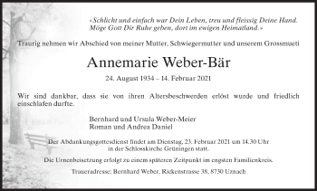 Traueranzeige von Annemarie Weber-Bär von ZO solo