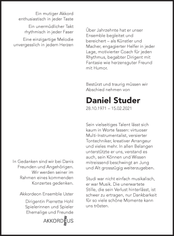 Traueranzeige von Daniel Studer von AvU