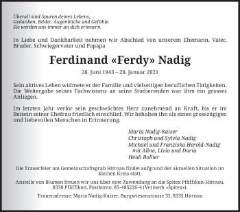 Traueranzeige von Ferdinand  Nadig von ZO solo