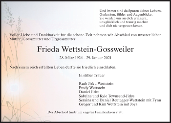 Traueranzeige von Frieda  Wettstein-Gossweiler von VO solo