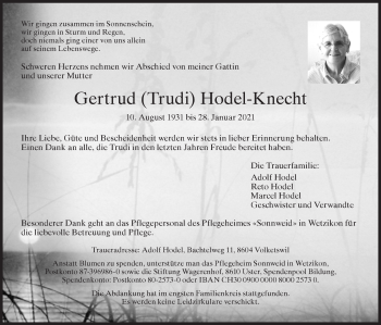 Traueranzeige von Gertrud Hodel-Knecht von AvU