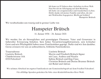 Traueranzeige von Hanspeter Brütsch von AvU