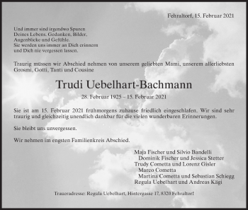 Traueranzeige von Trudi Uebelhart-Bachmann von AvU