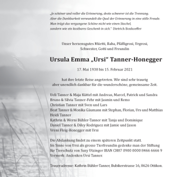 Traueranzeige von Ursula Emma Tanner-Honegger von AvU