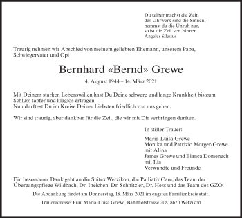 Traueranzeige von Bernhard Grewe von AvU