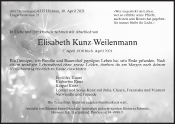 Traueranzeige von Elisabeth Kunz-Weilenmann von AvU