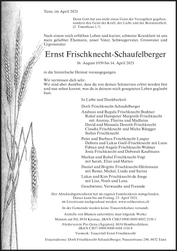 Traueranzeige von Ernst Frischknecht-Schaufelberger von AvU