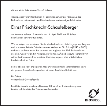 Traueranzeige von Ernst Frischknecht-Schaufelberger von AvU