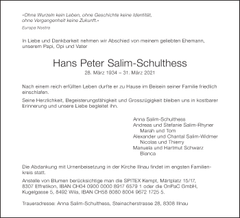 Traueranzeige von Hans Peter Salim-Schulthess von AvU