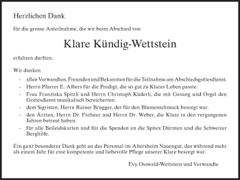 Traueranzeige von Klare Kündig-Wettstein von AvU