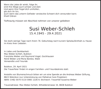 Traueranzeige von Susi Weber-Schleh von AvU