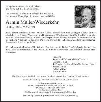 Traueranzeige von Armin Müller-Wiederkehr von AvU