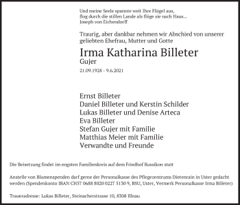 Traueranzeige von Irma Katharina Billeter von AvU