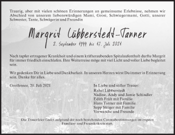 Traueranzeige von Margrit Lübberstedt-Tanner von AvU