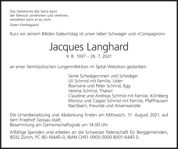 Traueranzeige von Jacques Langhard von AvU