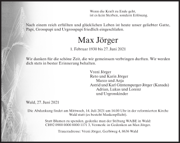 Traueranzeige von Max Jörger von AvU