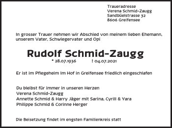 Traueranzeige von Rudolf Schmid-Zaugg von AvU