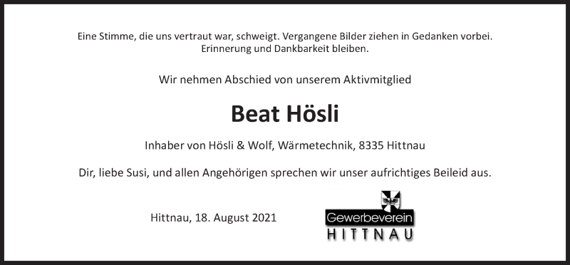  Traueranzeige für Beat Hösli vom 18.08.2021 aus AvU