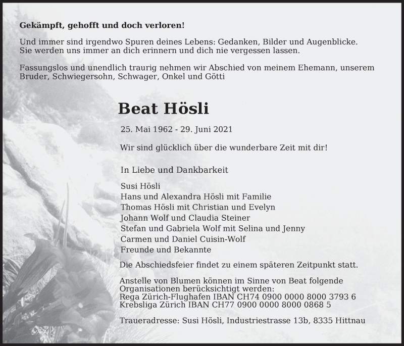  Traueranzeige für Beat Hösli vom 18.08.2021 aus AvU