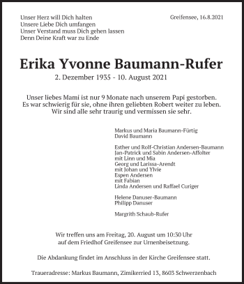 Traueranzeige von Erika Yvonne Baumann-Rufer von AvU