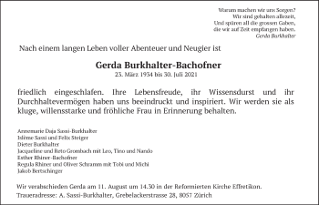 Traueranzeige von Gerda Burkhalter-Bachofner von AvU