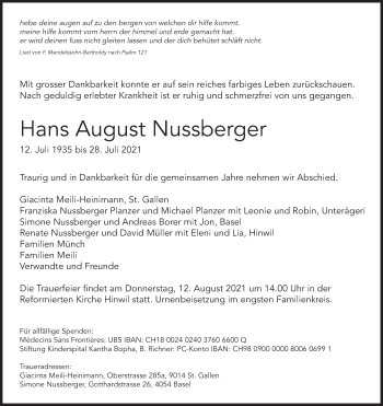 Traueranzeige von Hans August Nussberger von AvU