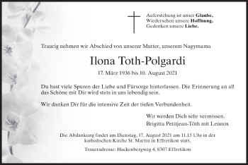 Traueranzeige von Ilona Toth-Polgardi von AvU