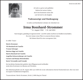 Traueranzeige von Irma Bosshard-Strommer von AvU