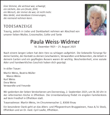 Traueranzeige von Paula Weiss-Widmer von reg_2