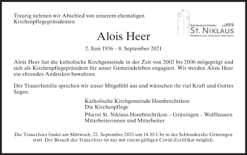 Traueranzeige von Alois Heer von AvU