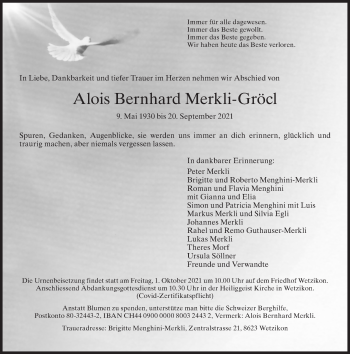 Traueranzeige von Alois Bernhard Merkli-Gröcl von AvU