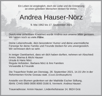 Traueranzeige von Andrea Hauser-Nörz von AvU