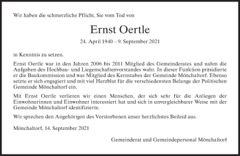 Traueranzeige von Ernst Oertle von AvU