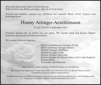 Traueranzeige von Hanny Attinger-Aeschlimann von AvU