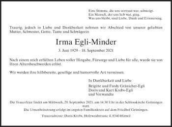 Traueranzeige von Irma Egli-Minder von AvU