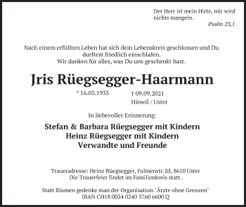 Traueranzeige von Jris Rüegsegger-Haarmann von AvU