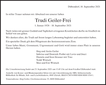 Traueranzeige von Trudi Geiler-Frei von AvU