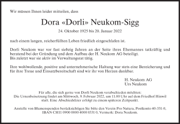 Traueranzeige von Dora Neukom-Sigg von AvU