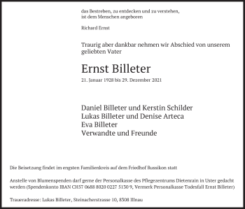 Traueranzeige von Ernst Billeter von AvU