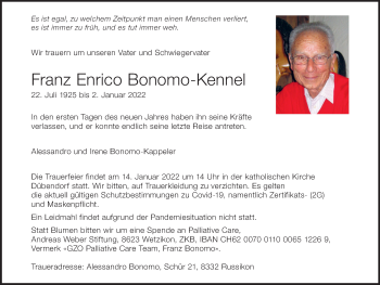 Traueranzeige von Franz Enrico Bonomo-Kennel von VO solo