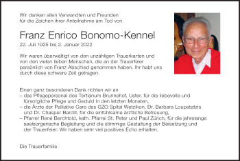 Traueranzeige von Franz Enrico Bonomo-Kennel von AvU