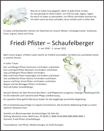 Traueranzeige von Friedi Pfister-Schaufelberger von AvU