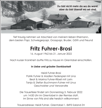 Traueranzeige von Fritz Fuhrer-Brosi von AvU