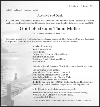 Traueranzeige von Gottlieb Thum-Müller von AvU