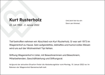 Traueranzeige von Kurt Rusterholz von AvU