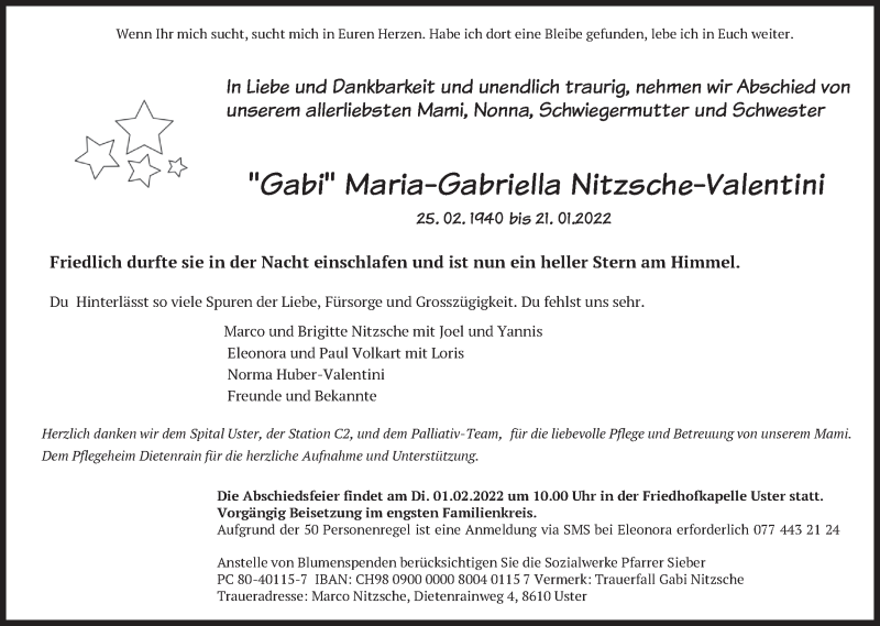  Traueranzeige für Maria-Gabriella Nitzsche-Valentini vom 26.01.2022 aus AvU