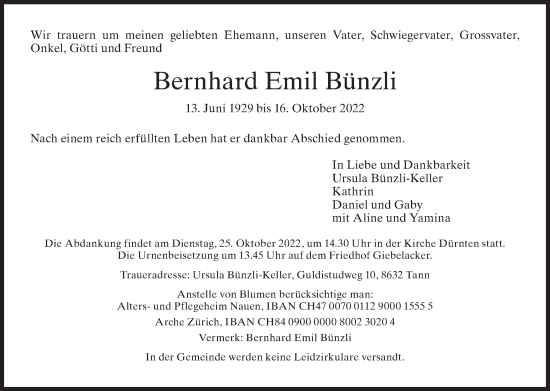 Traueranzeige von Bernhard Emil Bünzli von ZO solo