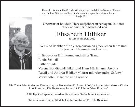 Traueranzeige von Elisabeth Hilfiker von AvU